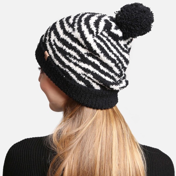 ComfyLuxe Zebra Print Pom Pom Beanie With Lining - One Size Fits Most - 100% Poly Microfiber view 5