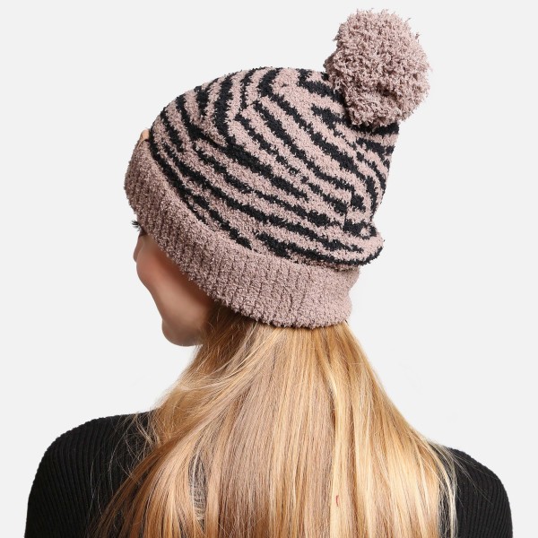 ComfyLuxe Zebra Print Pom Pom Beanie With Lining - One Size Fits Most - 100% Poly Microfiber view 5