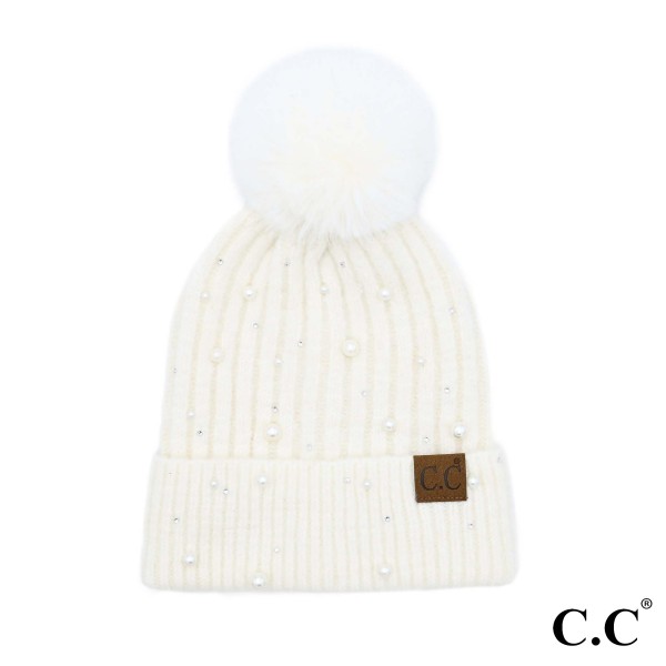 Wholesale c C HAT Pearl Embellishments Pom Beanie Hat One Acrylic Polyester Span