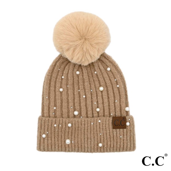 Wholesale c C HAT Pearl Embellishments Pom Beanie Hat One Acrylic Polyester Span