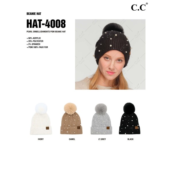 C.C HAT-4008
Pearl Embellishments Pom Beanie Hat
- One Size
- 68% Acrylic / 19% Polyester / 3% Spandex