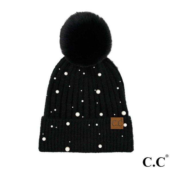 Wholesale c C HAT Pearl Embellishments Pom Beanie Hat One Acrylic Polyester Span