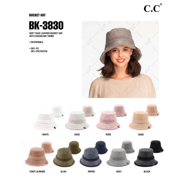 C.C BK-3830 Soft Faux Leather Bucket Hat With Shearling Trims - One Size Fits Most - Reversible - 50% PU / 50% Polyester view 5