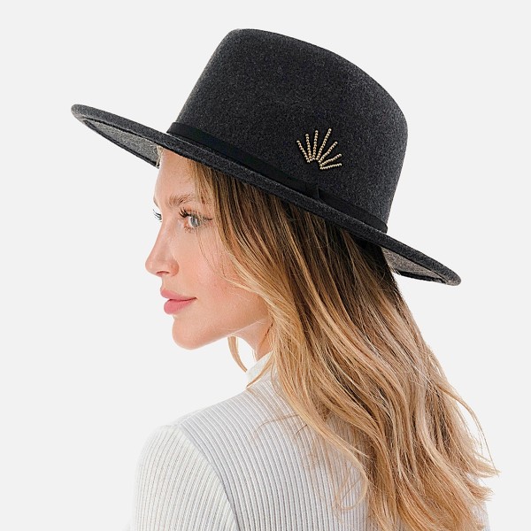Wholesale brim Felt Panama Hat Thin Leather Band Gold Beaded Sun Rays Accent On