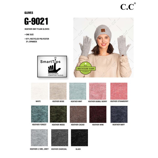 C.C G-9021
Heather Knit Plain Smart Touch Gloves
- One Size Fits Most
- Touchscreen Compatible
- 97% Recycled Polyester / 3% Spandex