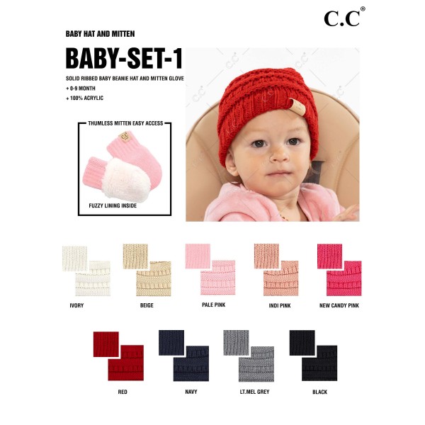 Bady Rng C.C BABY-SET-1 Solid Ribbed Baby Beanie Hat and Mitten Glove. - Mittens ...