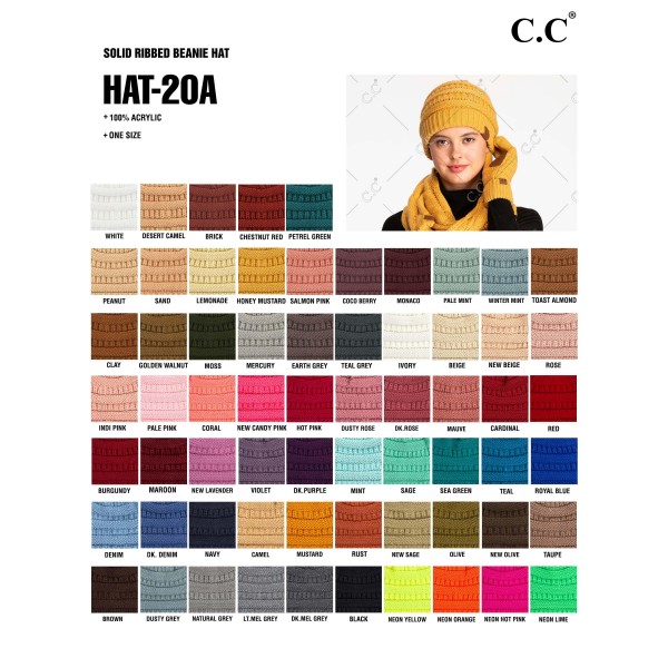 C.C Hat-20A 
Solid Ribbed Beanie "The Original" Beanie.
- One Size
- 100% Acrylic
- Matches C.C YJ-847, HW-21, MB-20A, and G-20