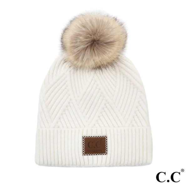 Wholesale c C HAT Diagonal Stripe Knit Pattern Pom Beanie C C Brand Leather Patc