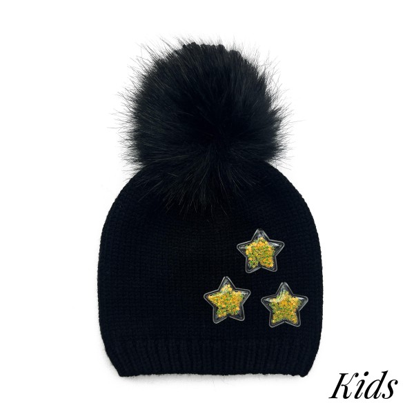 Kids Knit Beanie Featuring Glitter Filled 3D Star And Faux Fur Pom

- 52% Viscose/ 29% Polyester/ 19% Nylon
- S/M Fits 3-6
