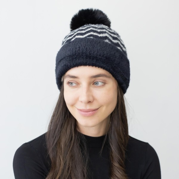 Fuzzy Lined Synthetic Mohair Zig-Zag Striped Beanie With Pom.

- One Size Fits Most
- 100% Acylic