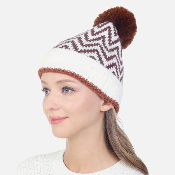 Wholesale chevron Print Beanie Faux Fur Pom One Acrylic