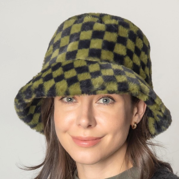 Wholesale fuzzy Checkered Bucket Hat Adjustable Draw String One Fits Most Polyes