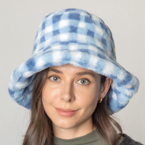 Do Everything In Love Faux Fur Plaid Bucket Hat 

- One Size Fits Most 
- Lined Bucket Hat With Adjustable Drawstring 
- 100% Polyester 