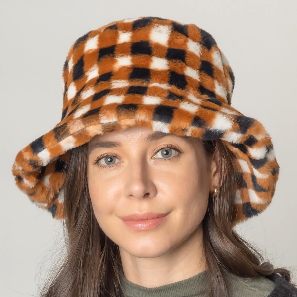 Wholesale do Everything Love Faux Fur Plaid Bucket Hat One Fits Most Lined Bucke