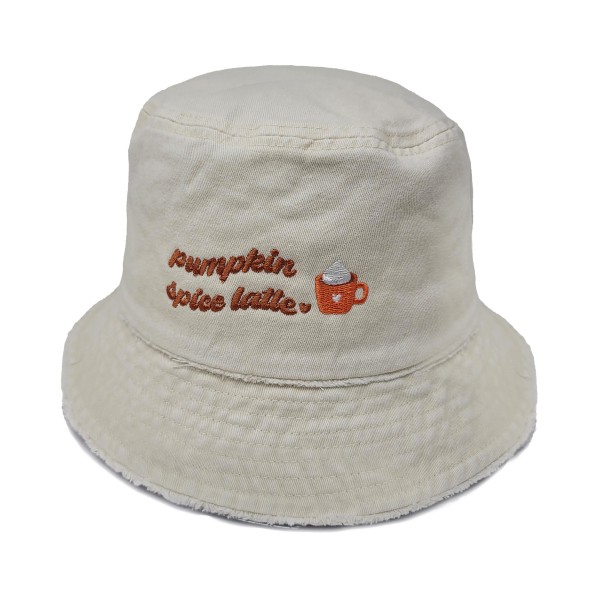 Pumpkin Spice Latte Embroidered Bucket Hat With Frayed Edges

- One Size
- 100% Cotton