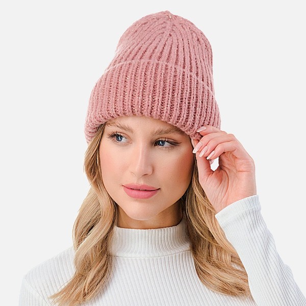 Ribbed Cuff Beanie with Glittered Tinsel Accent. - One Size Fits Most - 100% Polyester view 5