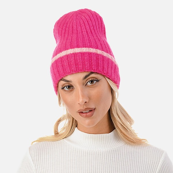 Ribbed Cuff Beanie with Striped Accent.

- One Size Fits Most
- 70% Acrylic / 25% Polyester / 5% Elasstane