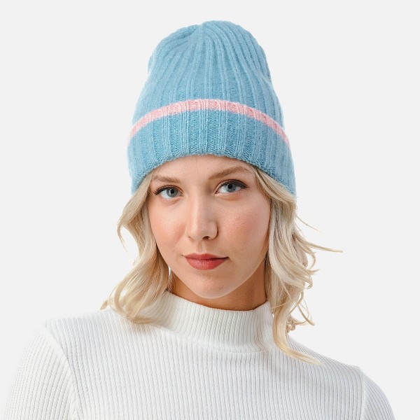 Ribbed Cuff Beanie with Striped Accent.

- One Size Fits Most
- 70% Acrylic / 25% Polyester / 5% Elasstane