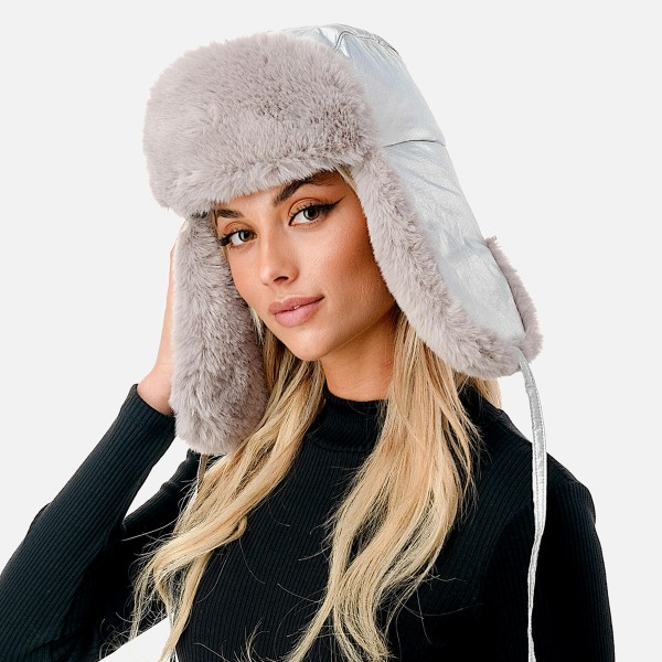 Metallic Faux Fur Trapper Hat 

- One Size Fits Most 
- Shell: 100% Nylon / Lining & Faux Fur 100% Polyester 
 - Ties Approximately 12" L