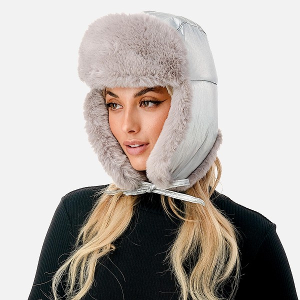 Metallic Faux Fur Trapper Hat - One Size Fits Most - Shell: 100% Nylon / Lining & Faux Fur 100% Polyester - Ties Approximately 12" L view 5