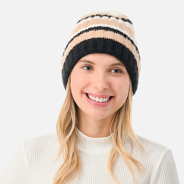 Knit Ribbed and Cuffed Striped Beanie.

- One Size Fits Most
- 63% Polyester / 33% Acrylic / 4% Spandex