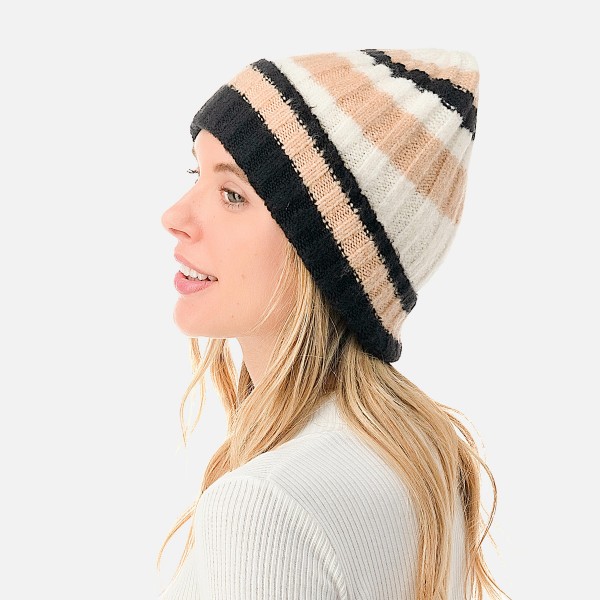 Knit Ribbed and Cuffed Striped Beanie. - One Size Fits Most - 63% Polyester / 33% Acrylic / 4% Spandex view 5
