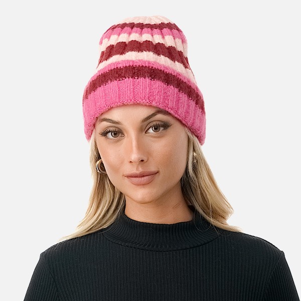 Knit Ribbed and Cuffed Striped Beanie.

- One Size Fits Most
- 63% Polyester / 33% Acrylic / 4% Spandex