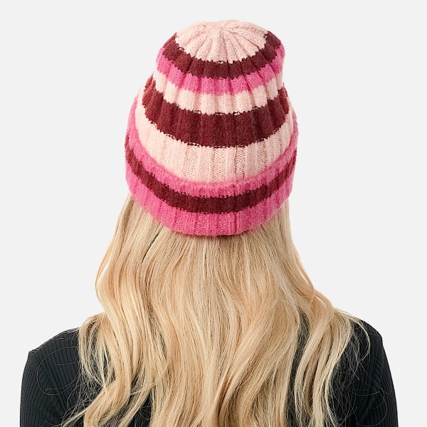Knit Ribbed and Cuffed Striped Beanie. - One Size Fits Most - 63% Polyester / 33% Acrylic / 4% Spandex view 5