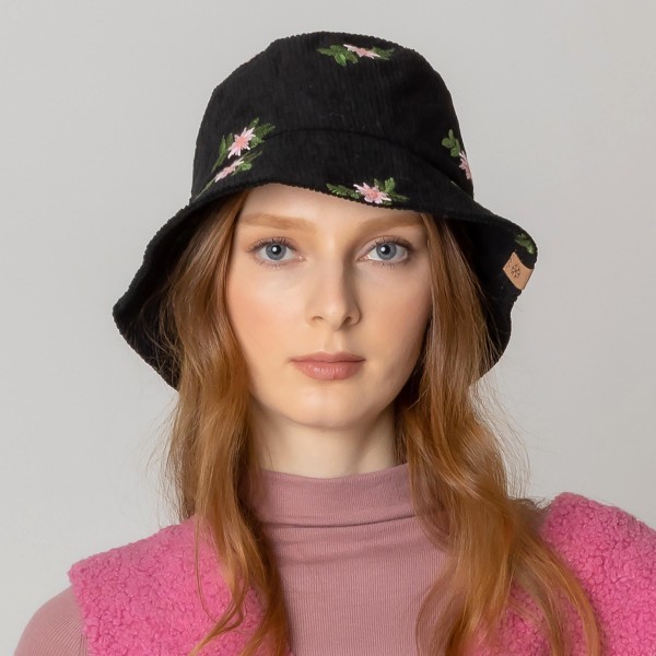 Wholesale do Everything Love Bucket Hat Embroidered Flower Detail One Fits Most