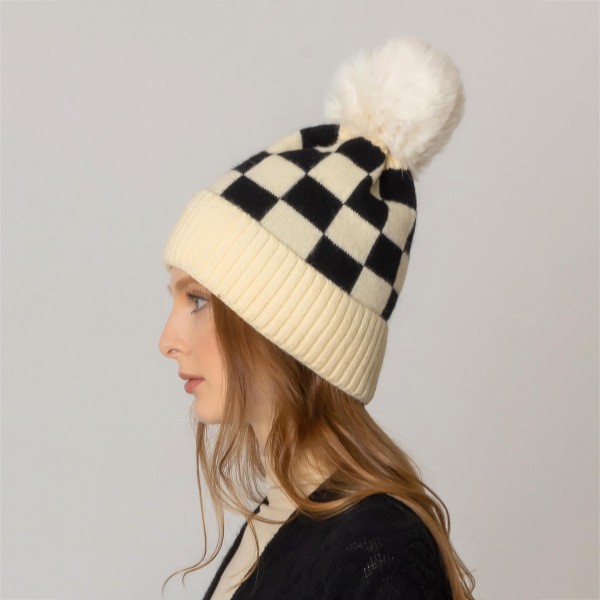 Wholesale do Everything Love Checkered Beanie Pom One Fits Most Acrylic
