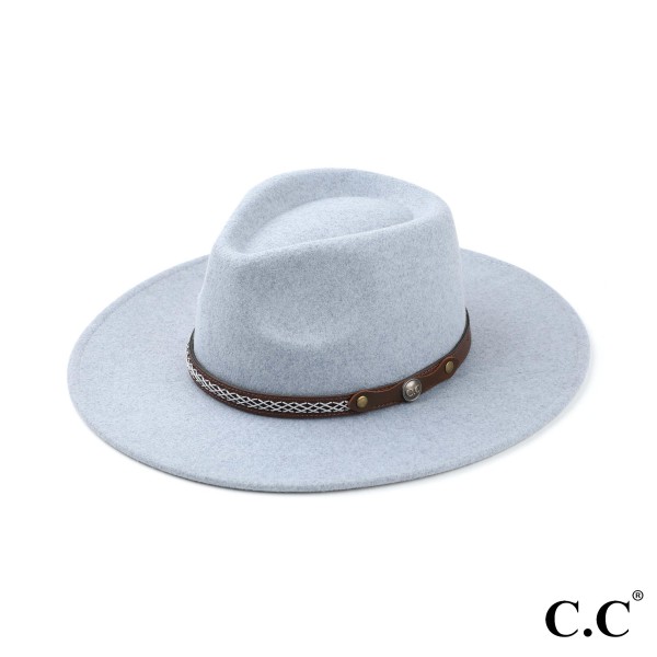 C.C WF-5 
Panama Vegan Felt Hat With Leather Trim And C.C Metal Logo 

- One Size Fits Most (With Adjustable Drawstring)
- Brim Approximately 3.5" 
- 100% Polyester 