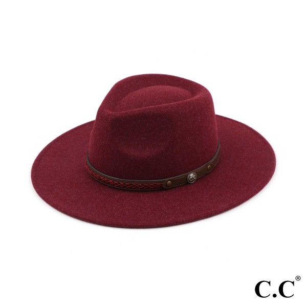 C.C WF-5 
Panama Vegan Felt Hat With Leather Trim And C.C Metal Logo 

- One Size Fits Most (With Adjustable Drawstring)
- Brim Approximately 3.5" 
- 100% Polyester 