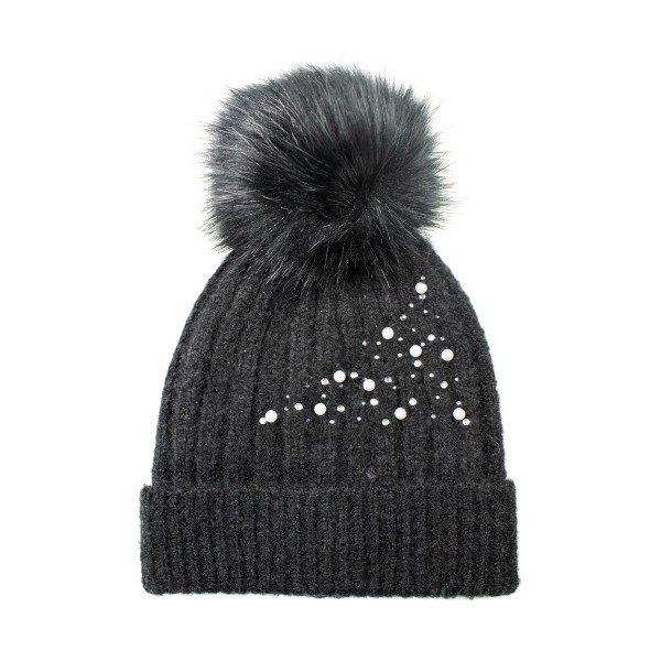 Kids Knit Beanie Featuring Pearl & Rhinestone Accents With Faux Fur Pom - 75% Acrylic/ 22% Nylon/ 3% Spandex - S/M Fits 3-6 view 5