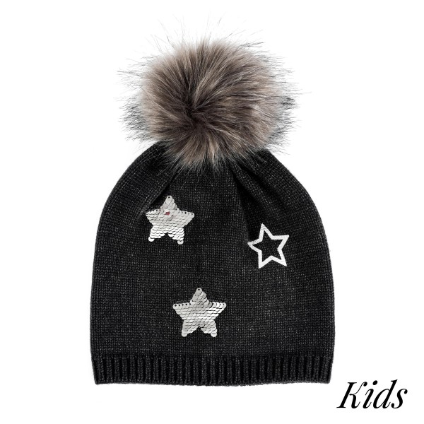 Wholesale kids Knit Beanie Sequin Stars Faux Fur Pom Viscose Polyester Nylon S M