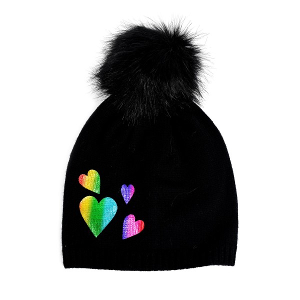 Kids Knit Beanie Featuring Metallic Hearts And Faux Fur Pom - 50% Viscose/ 30% Polyester/ 20% Nylon - S/M Fits 3-6 - M/L Fits 6-12 view 5