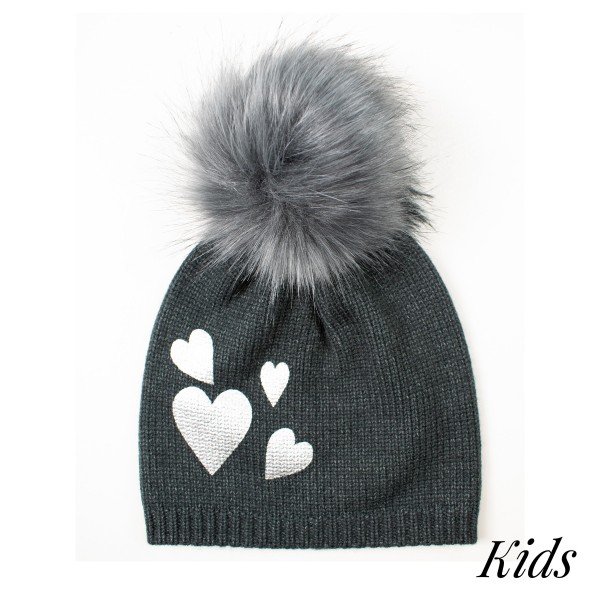 Kids Knit Beanie Featuring Metallic Hearts And Faux Fur Pom 

- 50% Viscose/ 30% Polyester/ 20% Nylon 
- S/M Fits 3-6
- M/L Fits 6-12