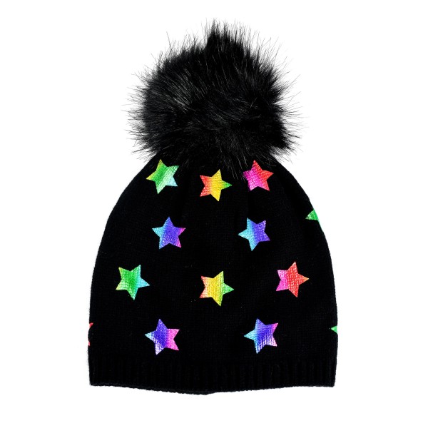 Kids Knit Beanie Featuring Metallic Printed Stars And Faux Fur Pom - 50% Viscose/ 30% Polyester/ 20% Nylon - S/M Fits 3-6 view 5