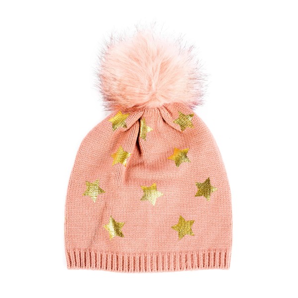 Kids Knit Beanie Featuring Metallic Printed Stars And Faux Fur Pom - 50% Viscose/ 30% Polyester/ 20% Nylon - M/L Fits 6-12 view 5