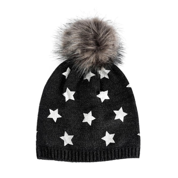Kids Knit Beanie Featuring Metallic Printed Stars And Faux Fur Pom - 50% Viscose/ 30% Polyester/ 20% Nylon - M/L Fits 6-12 view 5