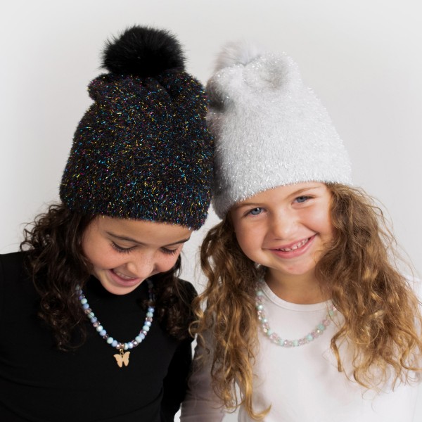 Kids Knit Beanie Featuring Metal Tensile & Faux Fur Pom - 45% Polyester/ 45% Nylon/ 7% Metal/ 2% Rubber/ 1% Spandex - M/L Fits 6-12 view 5