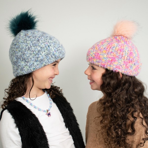 Kids Mixed Knit Beanie With Sequins And PomPom - 43% Acrylic/ 32% Nylon/ 23% Polyester/ 2% Sequins - Small Fits 3-6 -Medium Fits 6-12 view 5
