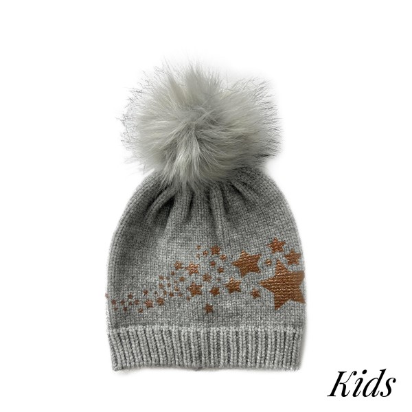 Wholesale kids Knit Beanie Metallic Printed Stars Faux Fur Pom Viscose Polyester