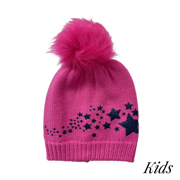 Kids Knit Beanie Featuring Metallic Printed Stars & Faux Fur Pom 

- 52% Viscose/ 29% Polyester/ 19% Nylon
- S/M Fits 3-6