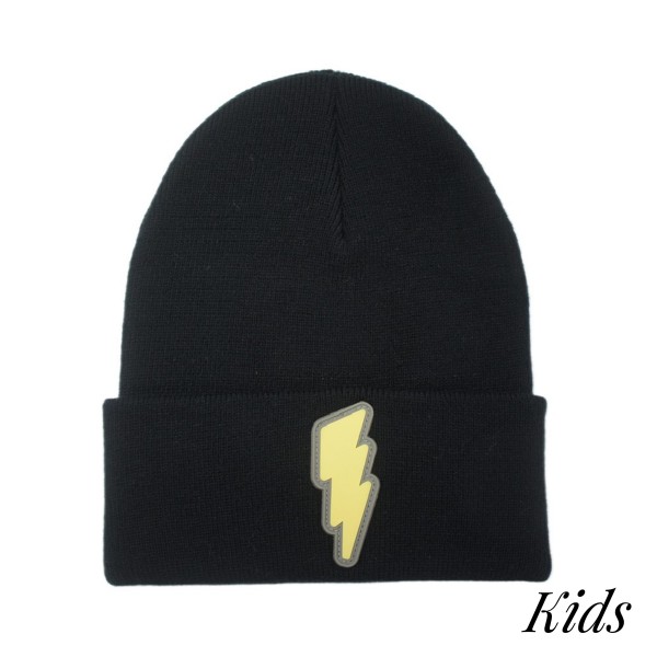 Kids Knit Beanie Featuring Rubber Lightning Bolt 
 
- 52% Viscose/ 29% Polyester/ 19% Nylon
- S/M Fits 3-6
