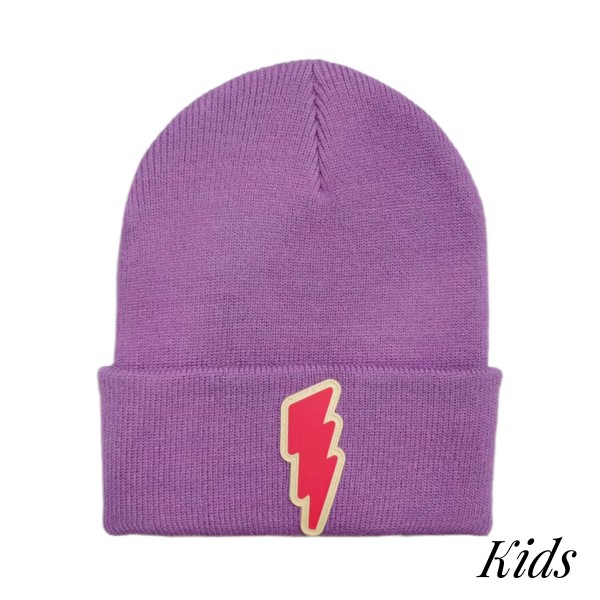 Kids Knit Beanie Featuring Rubber Lightning Bolt 
 
- 52% Viscose/ 29% Polyester/ 19% Nylon
- S/M Fits 3-6
