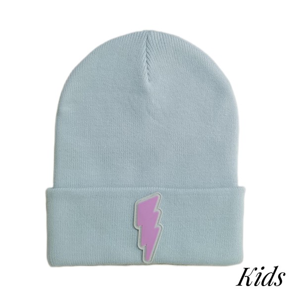 Kids Knit Beanie Featuring Rubber Lightning Bolt 
 
- 52% Viscose/ 29% Polyester/ 19% Nylon
- S/M Fits 3-6