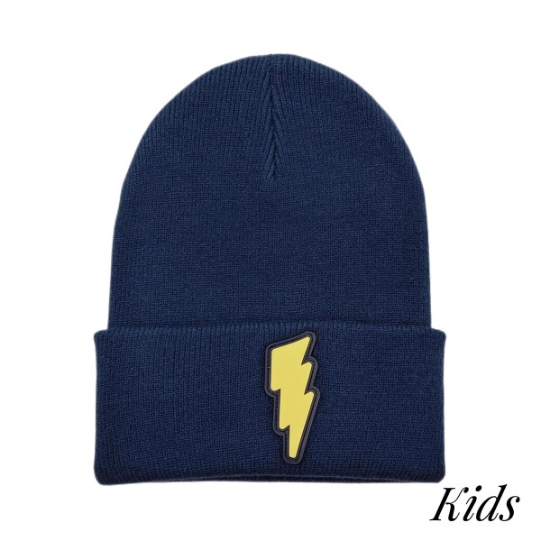 Kids Knit Beanie Featuring Rubber Lightning Bolt 
 
- 52% Viscose/ 29% Polyester/ 19% Nylon
- S/M Fits 3-6
