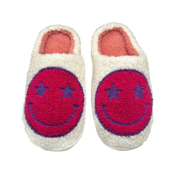 Smile Slide On Slippers 

-100% Polyester 
- Rubber Sole 
- X Large: Women's US Size 8-9 or Kids US Size 6.5-7.5 