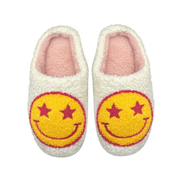 Smile Slide On Slippers 

-100% Polyester 
- Rubber Sole 
- X Large: Women's US Size 8-9 or Kids US Size 6.5-7.5 