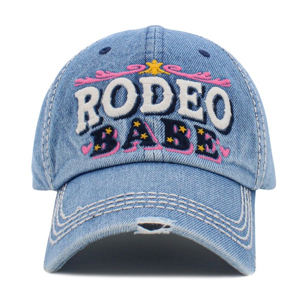 Vintage Distressed Baseball Cap Featuring 'Rodeo Babe' Embroidered Detail 

- One Size Fits Most 
- Adjustable Velcro Closure 
- 100% Cotton 